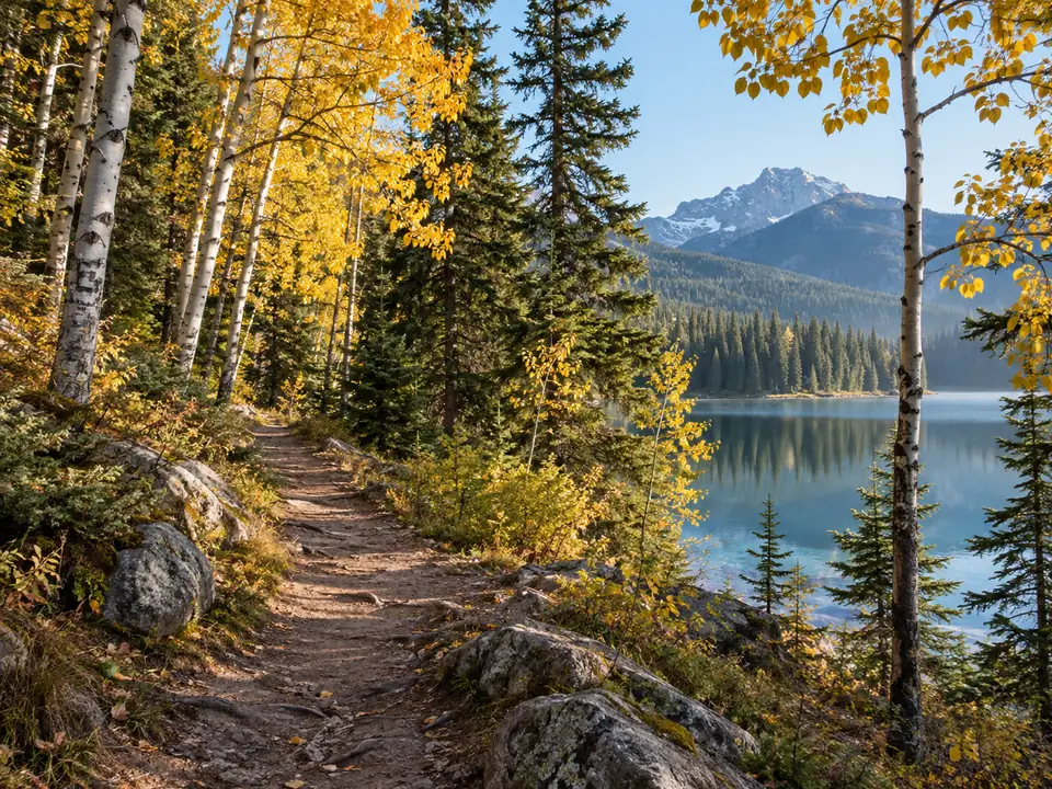 Sentier d’automne au bord d’un lac dans une forêt canadienne