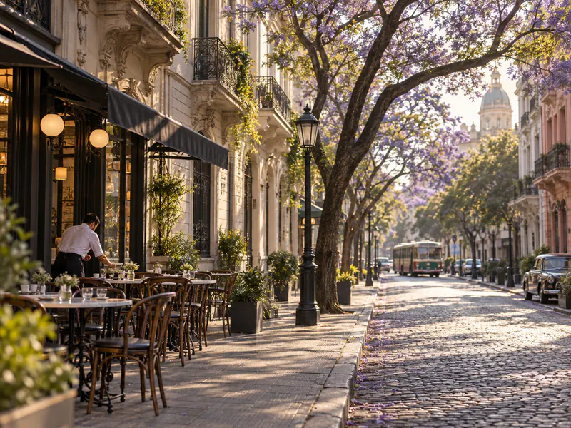 Rue arborée et café de Buenos Aires au lever du jour en Argentine