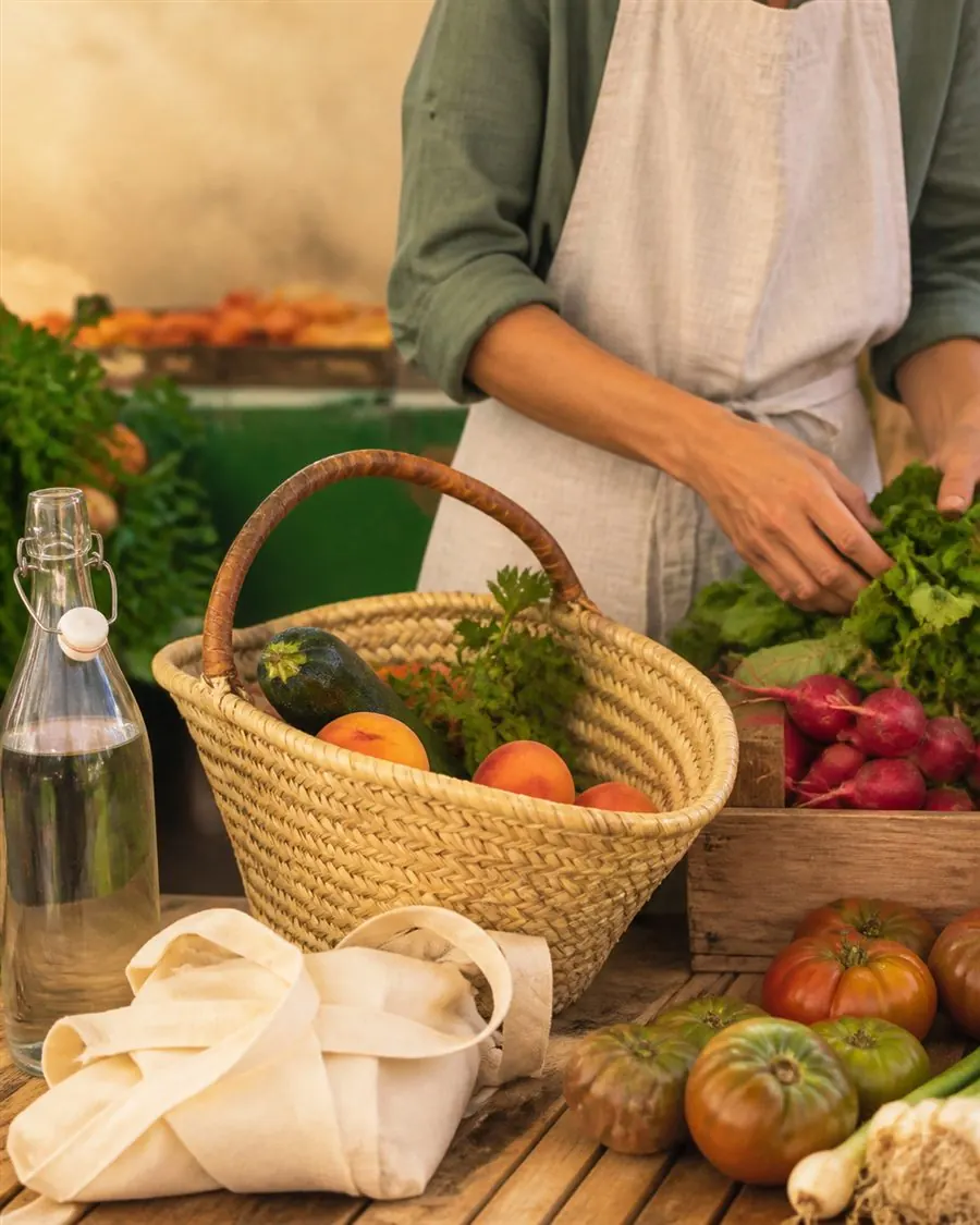 Panier réutilisable et produits frais sur un marché local