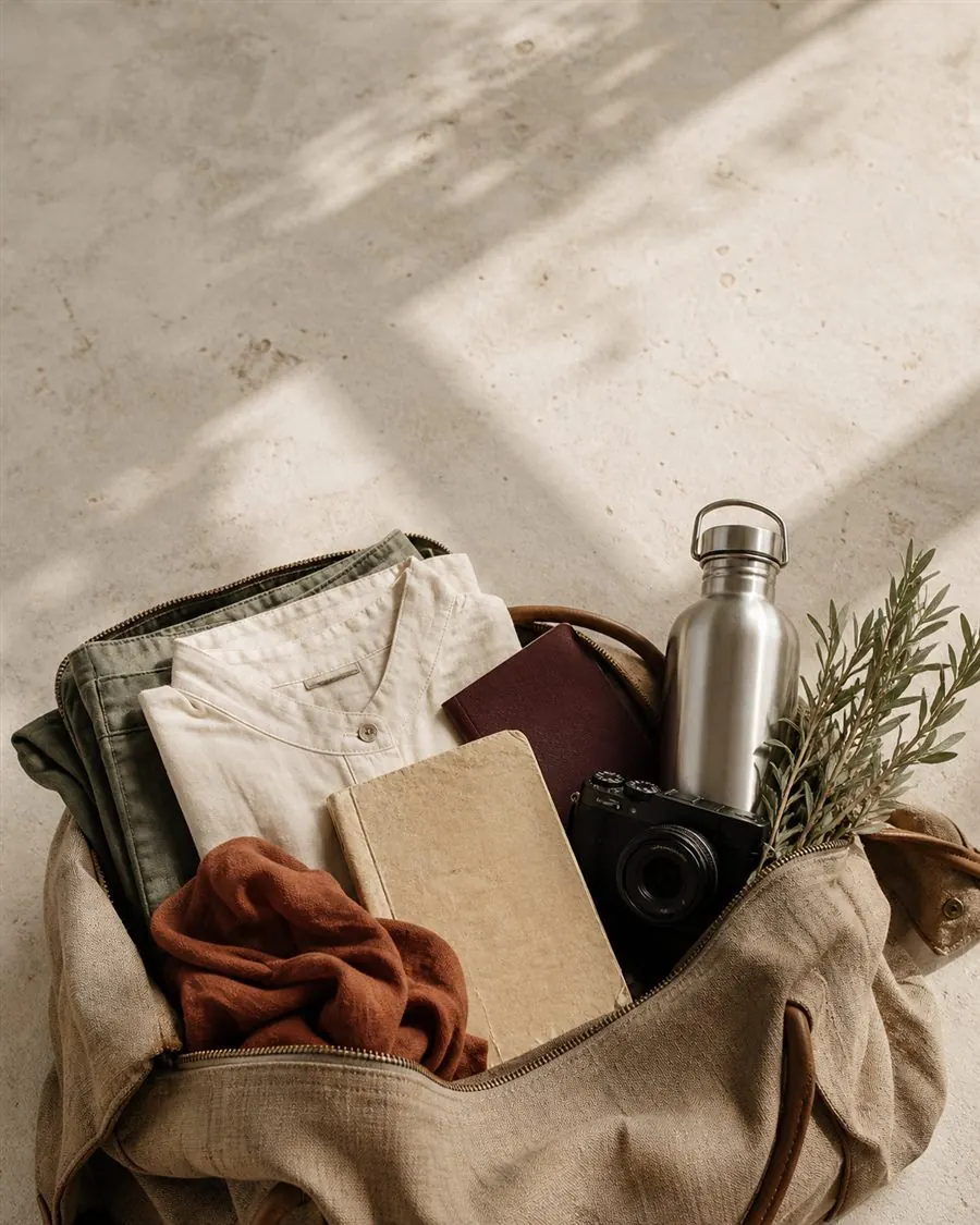 Valise légère ouverte avec carnet, gourde et vêtements de voyage