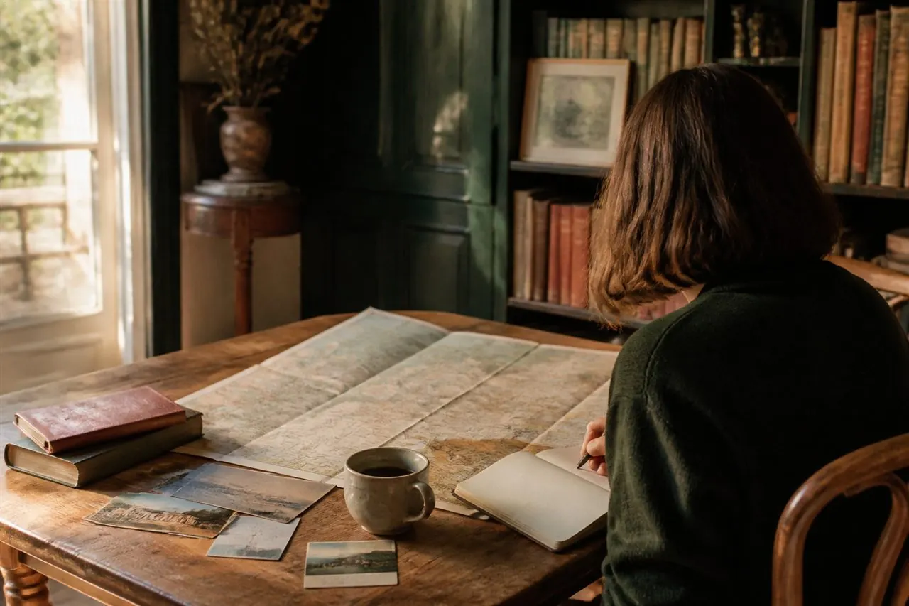 Carnet, carte et préparatifs d’un voyage réfléchi sur une table en bois
