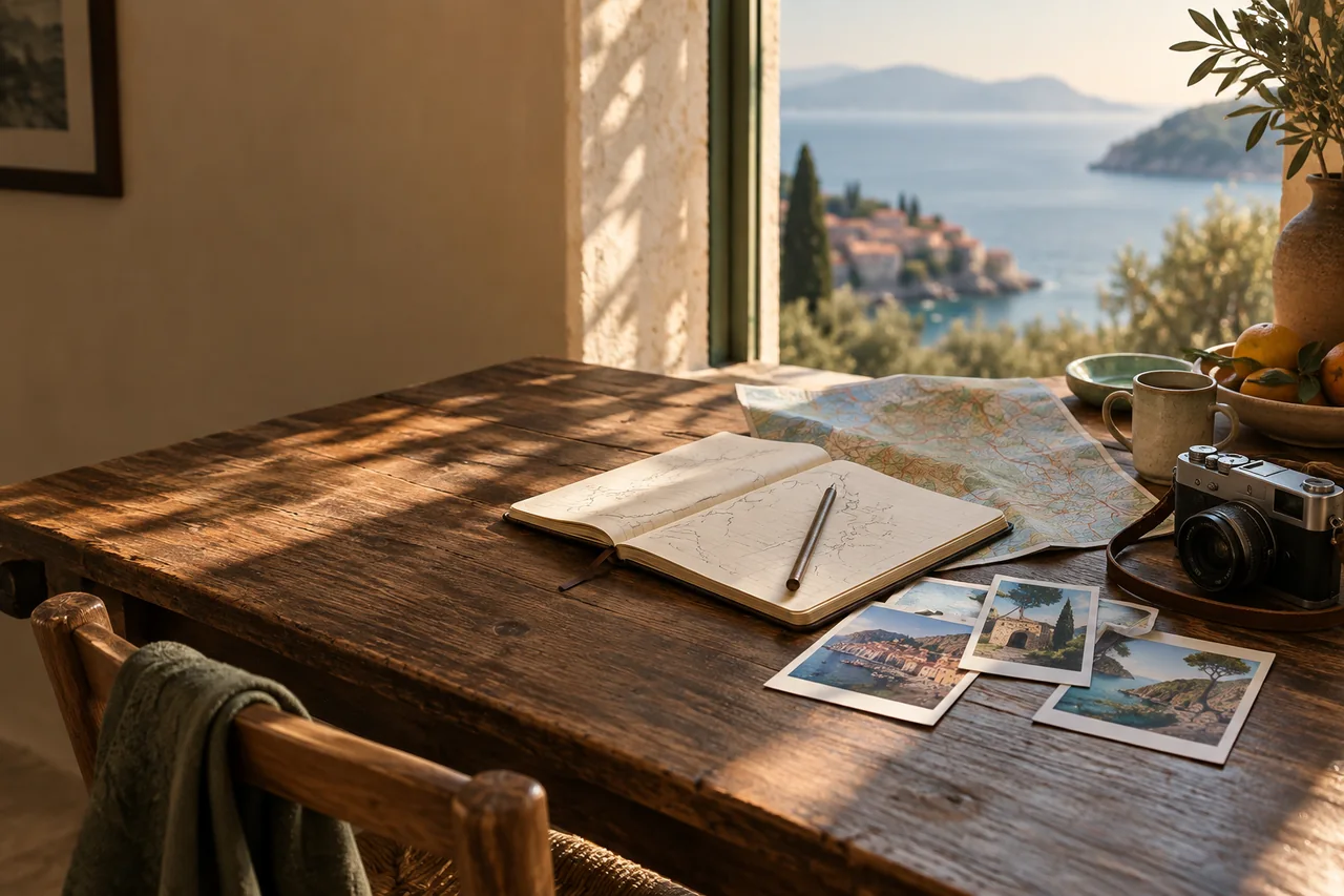Carnet, carte et appareil photo préparés sur une table face à la Méditerranée