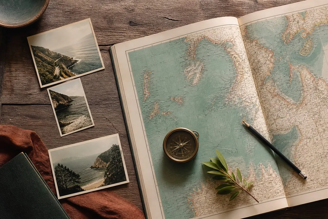 Carte du monde, carnets et photographies pour choisir une destination de voyage