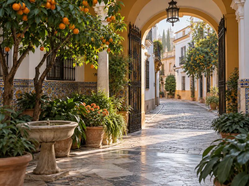 Patio andalou et ruelle de Séville au lever du jour en Espagne