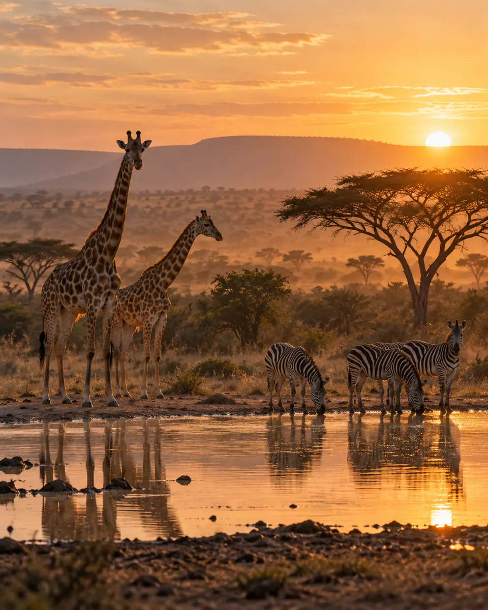 Girafes et zèbres près d’un point d’eau au lever du jour en Afrique du Sud