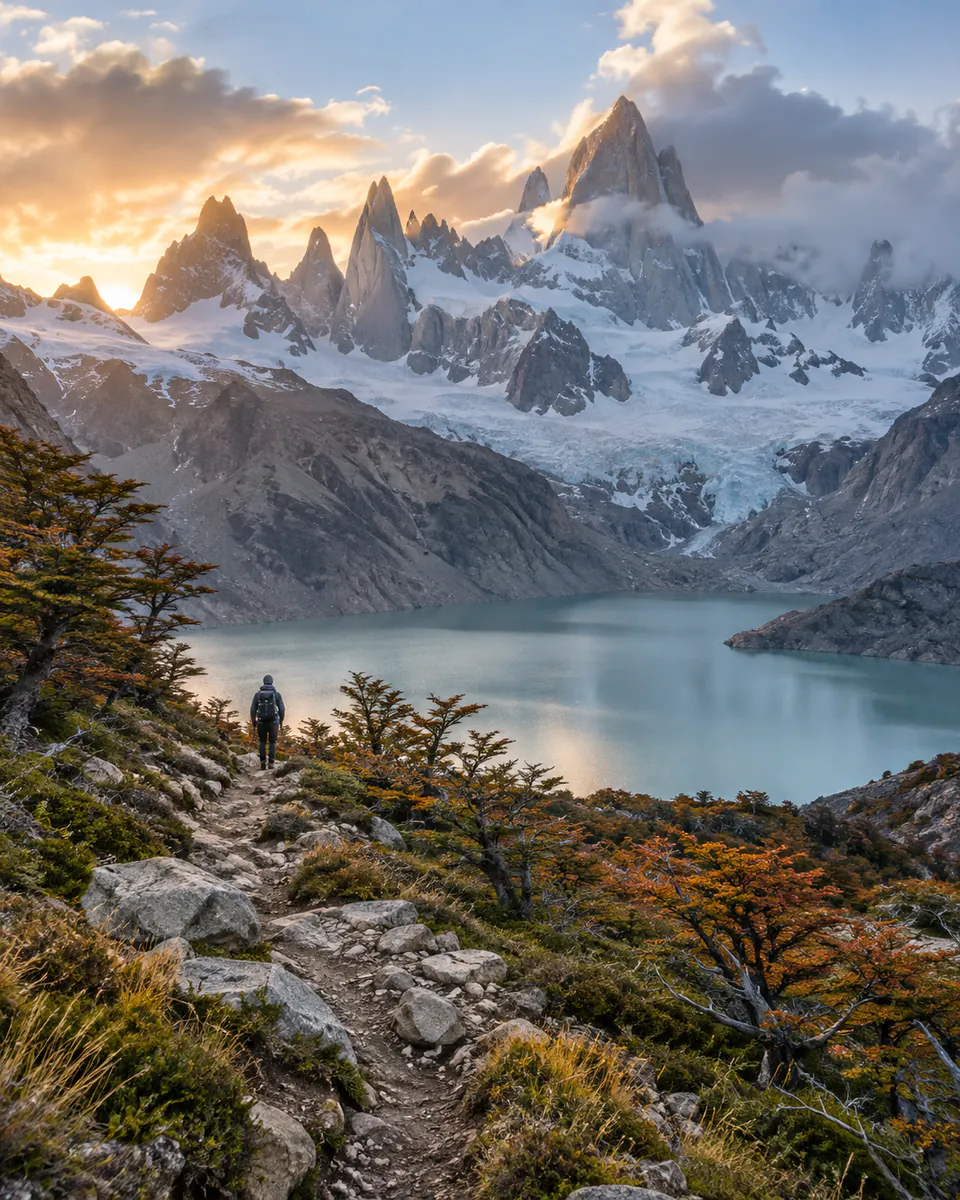 Sentier face au massif du Fitz Roy en Patagonie argentine