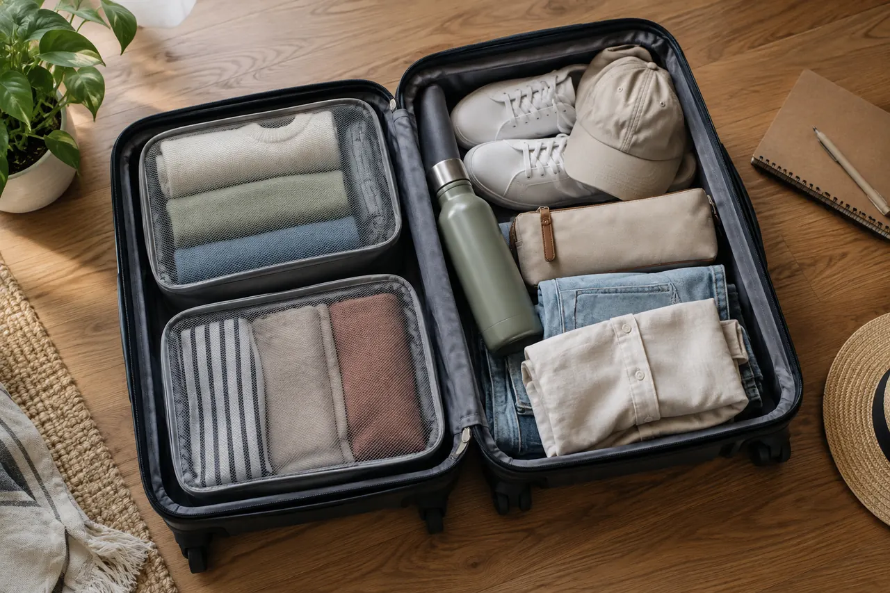Bagage cabine ouvert et organisé avec des accessoires de voyage