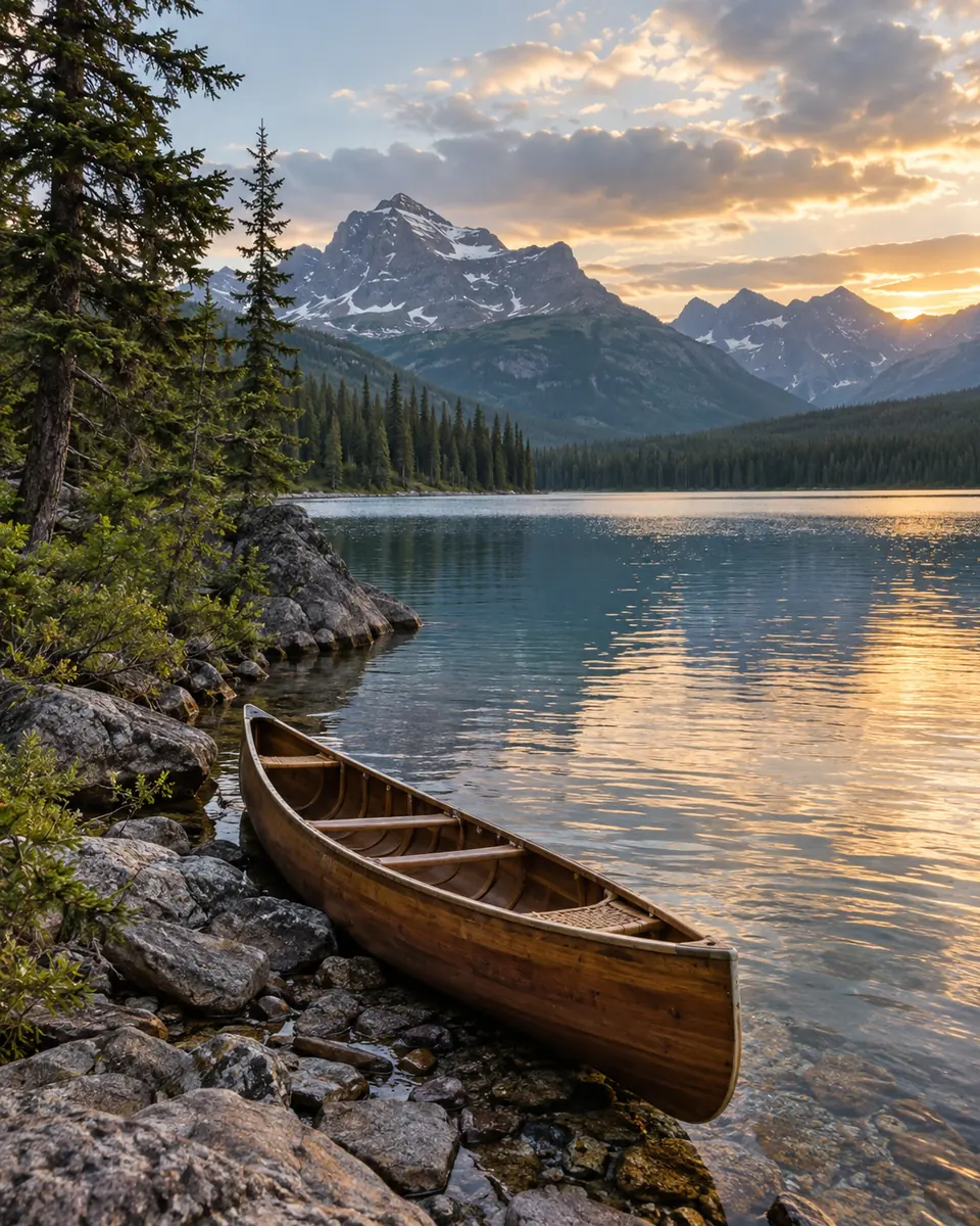 Canoë en bois sur la rive d’un lac canadien au soleil couchant