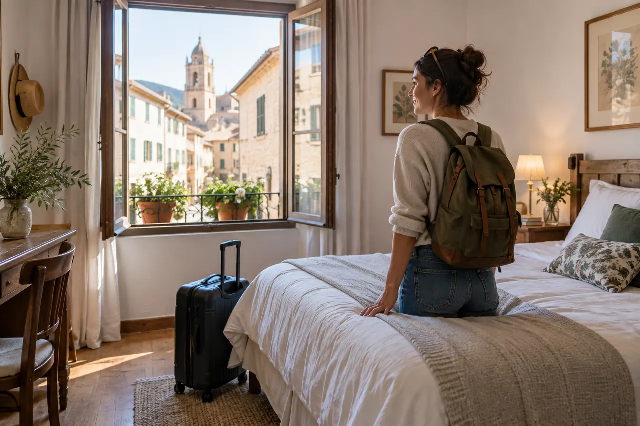 Voyageuse découvrant une chambre lumineuse dans une ville européenne