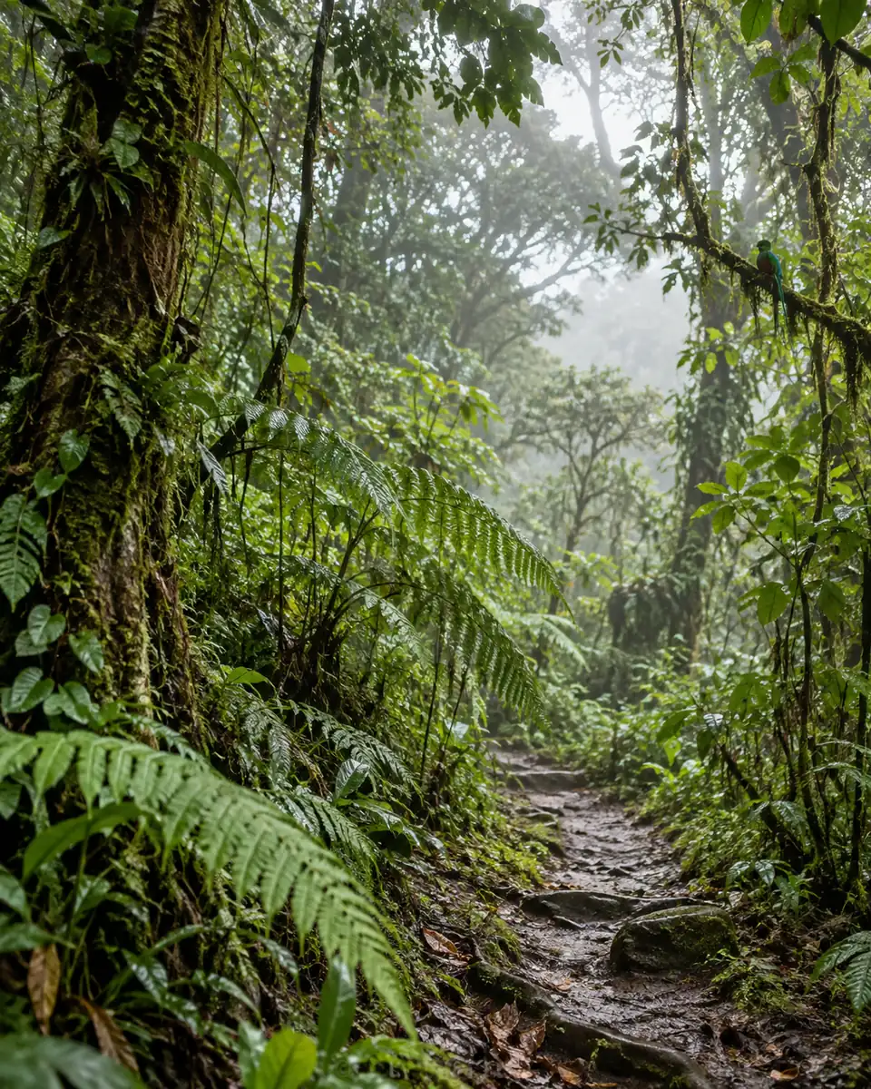 Sentier naturaliste dans une forêt nuageuse du Costa Rica après la pluie