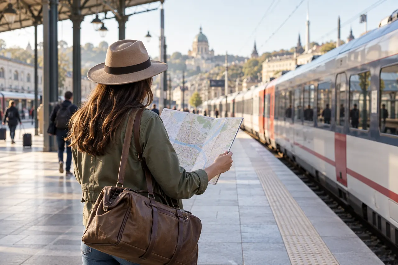 Voyageuse préparant une escapade urbaine sur un quai de gare