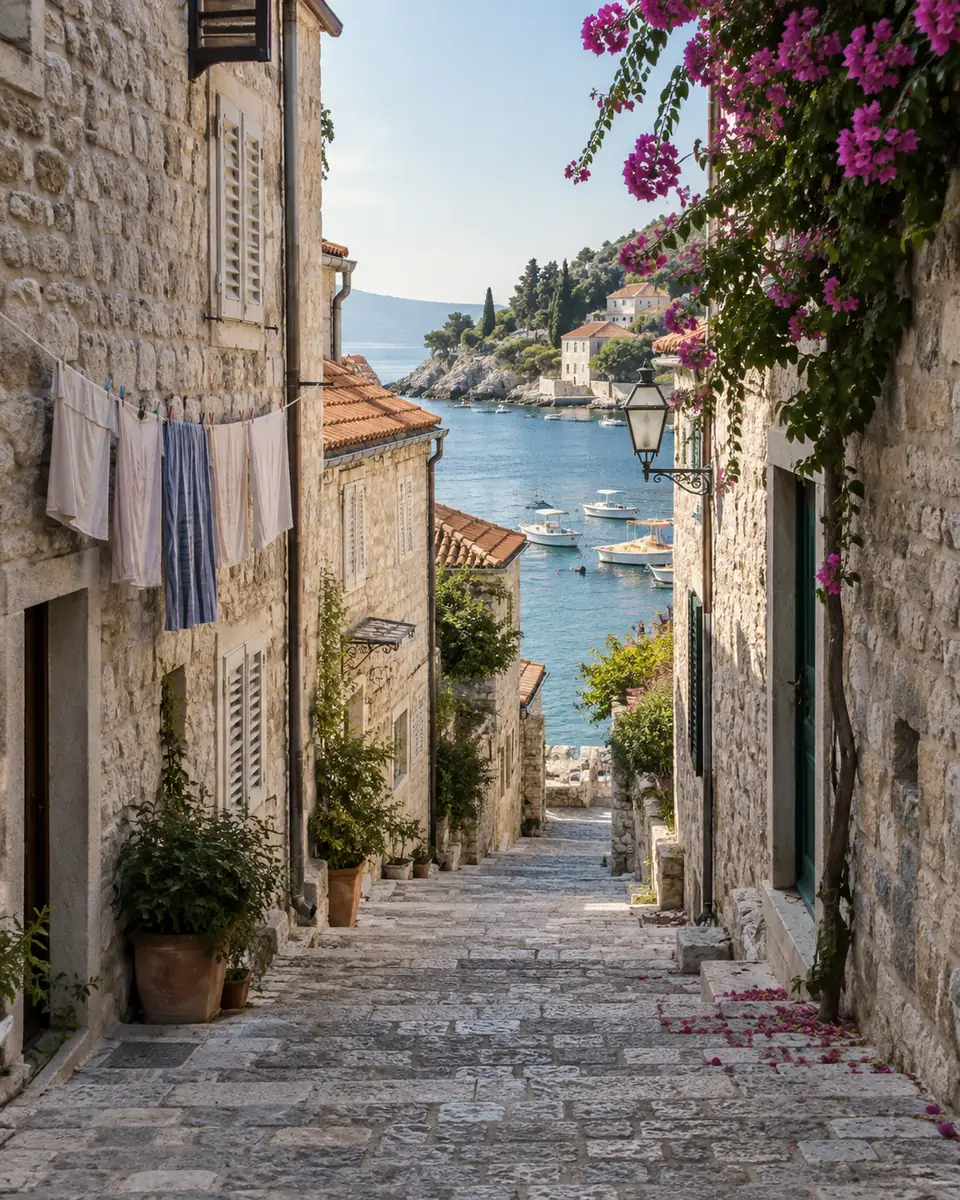 Ruelle de pierre d’une ville dalmate descendant vers la mer Adriatique