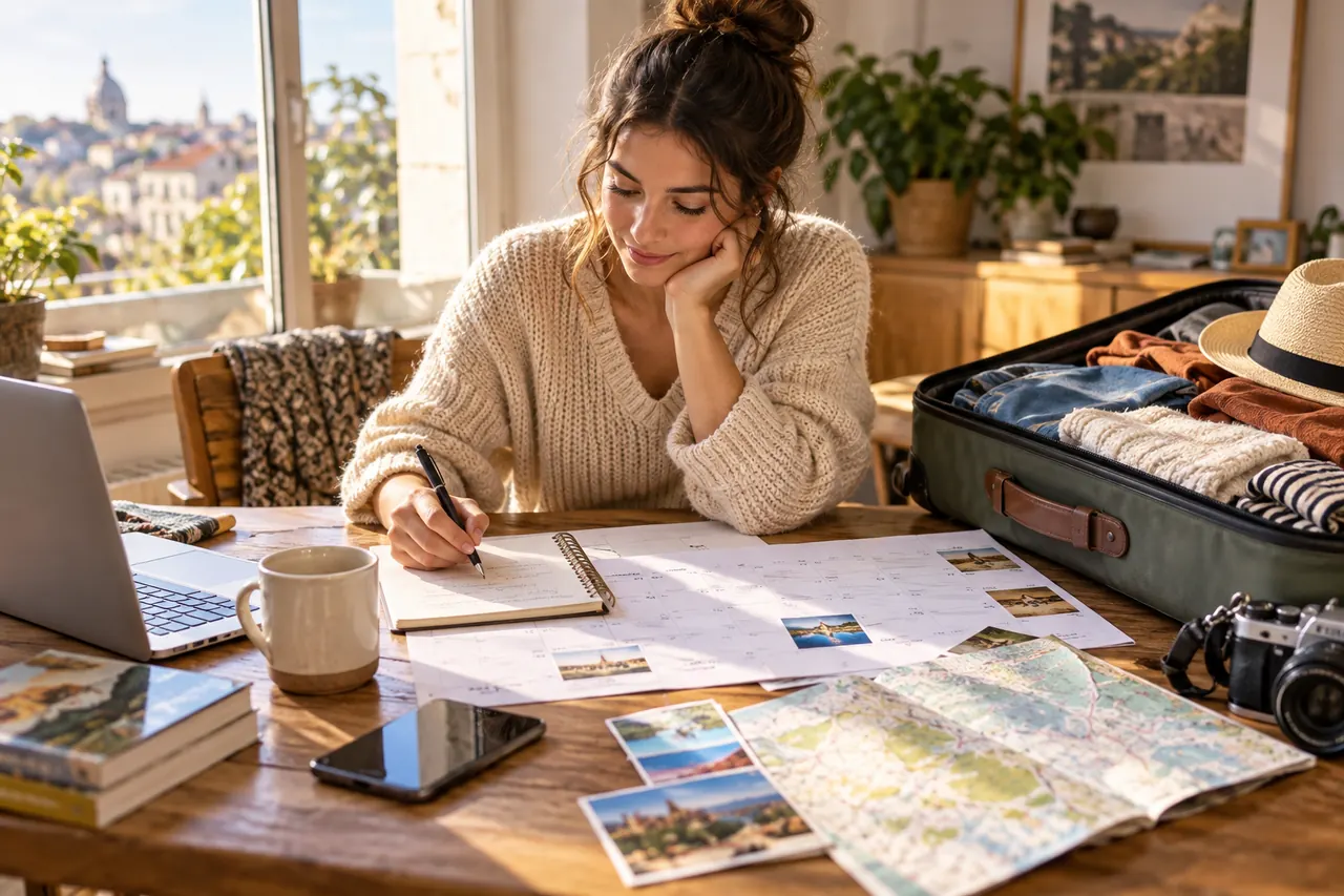 Voyageuse préparant un départ proche avec calendrier, carte et valise