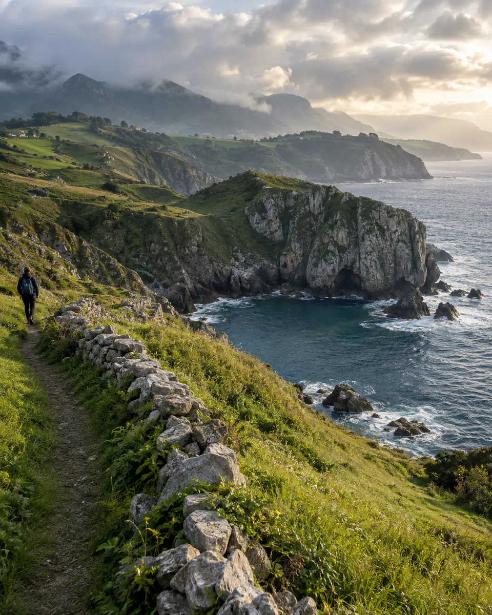 Sentier côtier au-dessus d’une crique dans les Asturies en Espagne