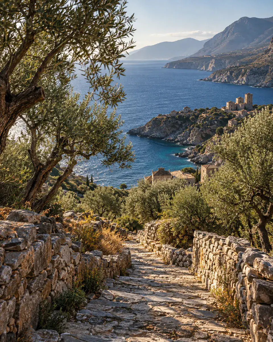 Sentier côtier entre oliviers et villages de pierre dans le Magne en Grèce