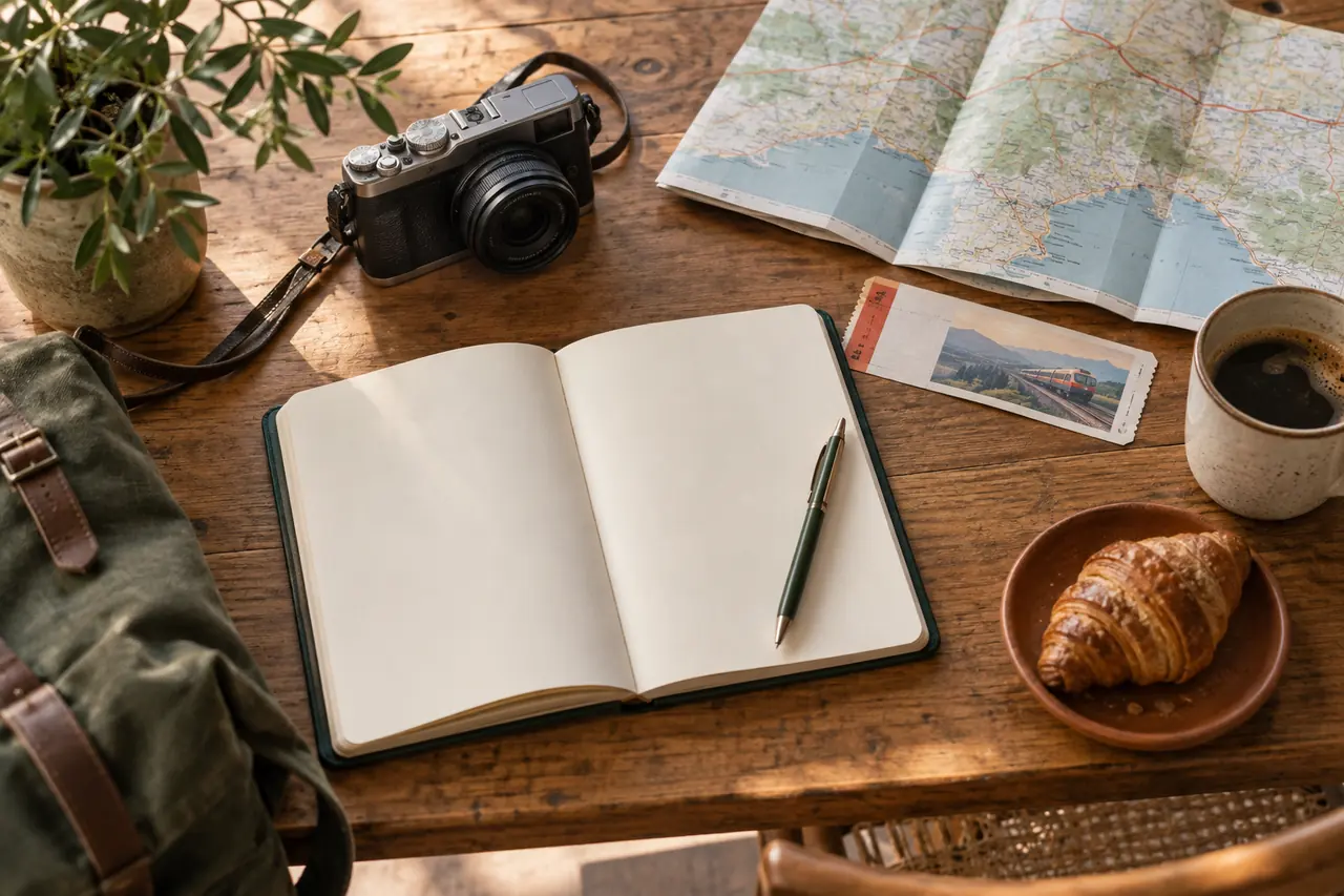 Carnet ouvert, carte et appareil photo sur une table en bois