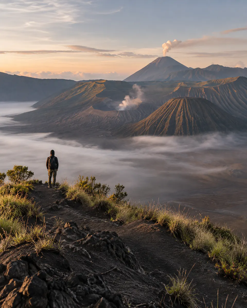 Voyageur face à une caldeira volcanique de Java au lever du jour en Indonésie