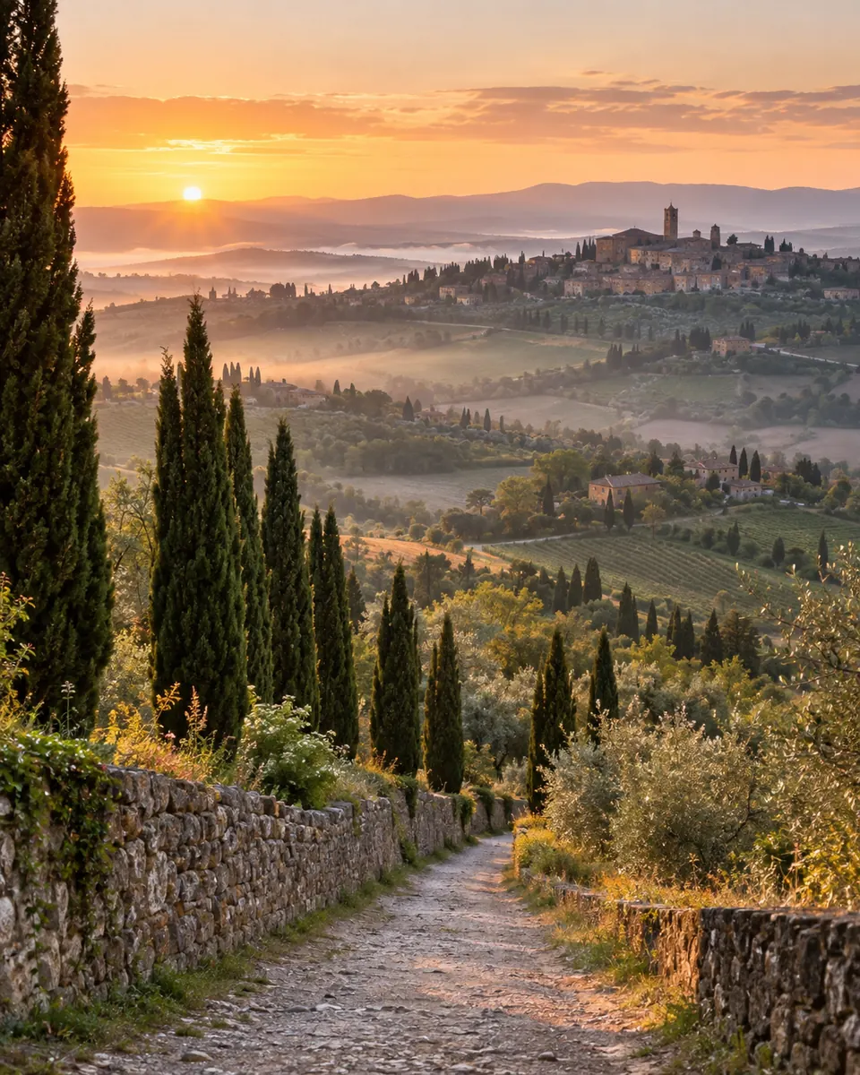 Chemin bordé de cyprès dans la campagne toscane au lever du soleil
