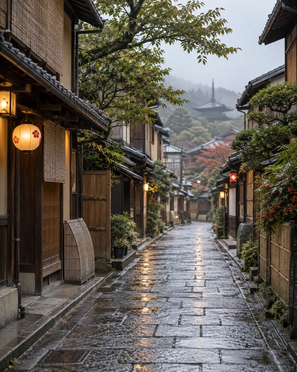 Ruelle traditionnelle de Kyoto après la pluie, dans la lumière douce du matin