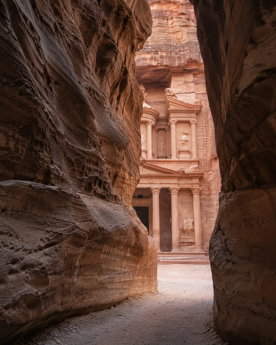 Le Trésor de Pétra aperçu depuis le Sîq en Jordanie