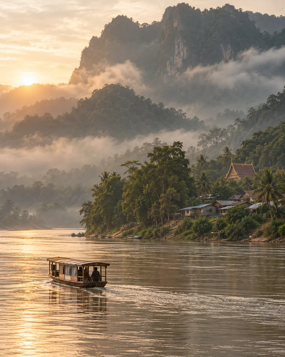 Bateau en bois sur le Mékong devant les collines brumeuses du Laos