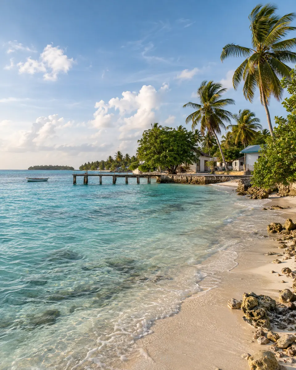 Rivage paisible d’une île habitée des Maldives et son lagon turquoise