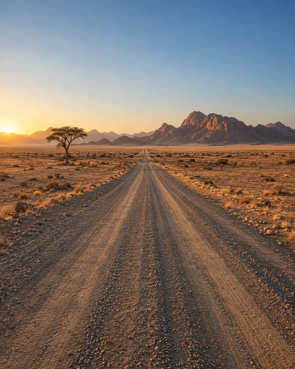 Piste de gravier traversant les paysages désertiques de Namibie à l’aube