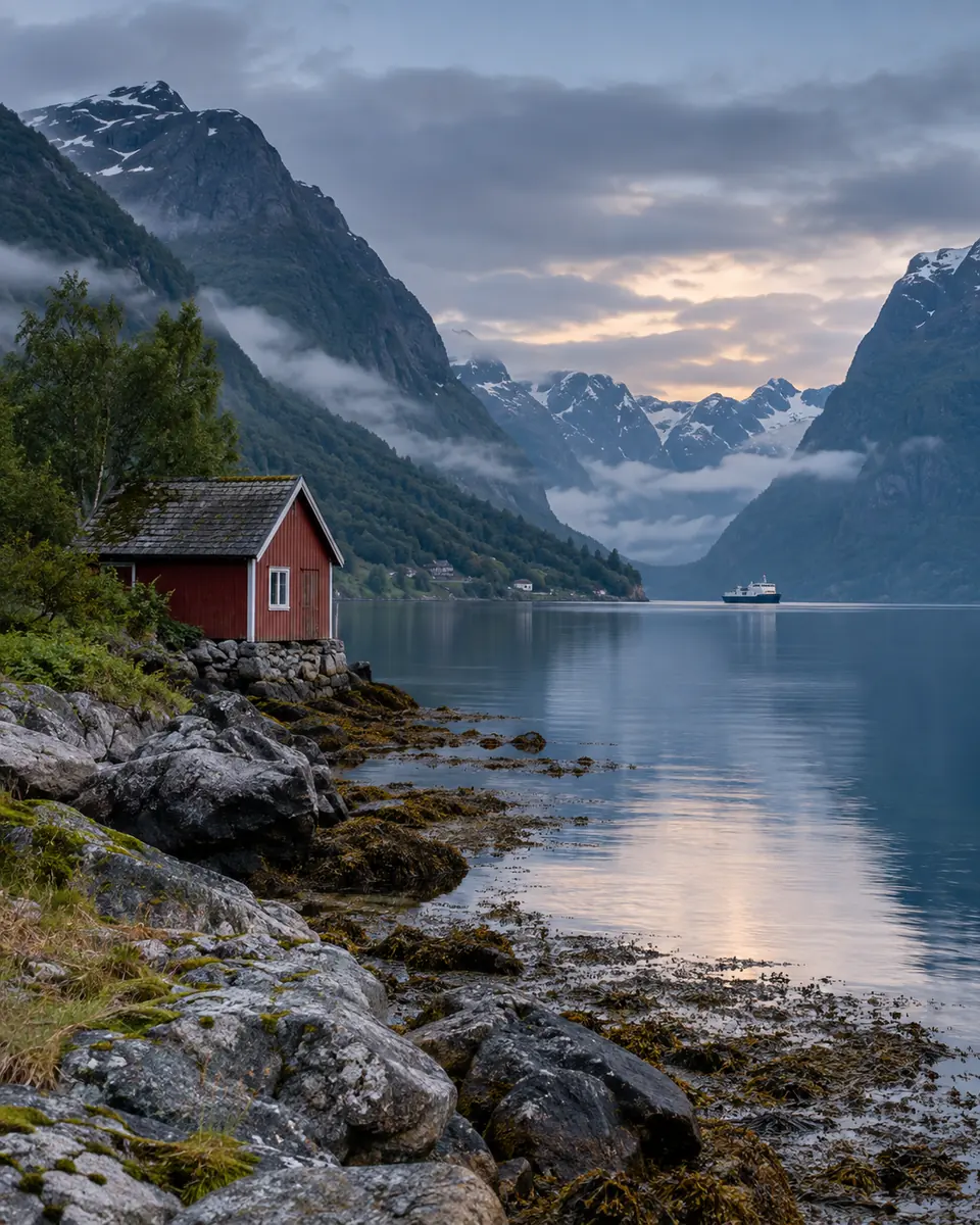 Cabane rouge au bord d’un fjord norvégien entouré de montagnes