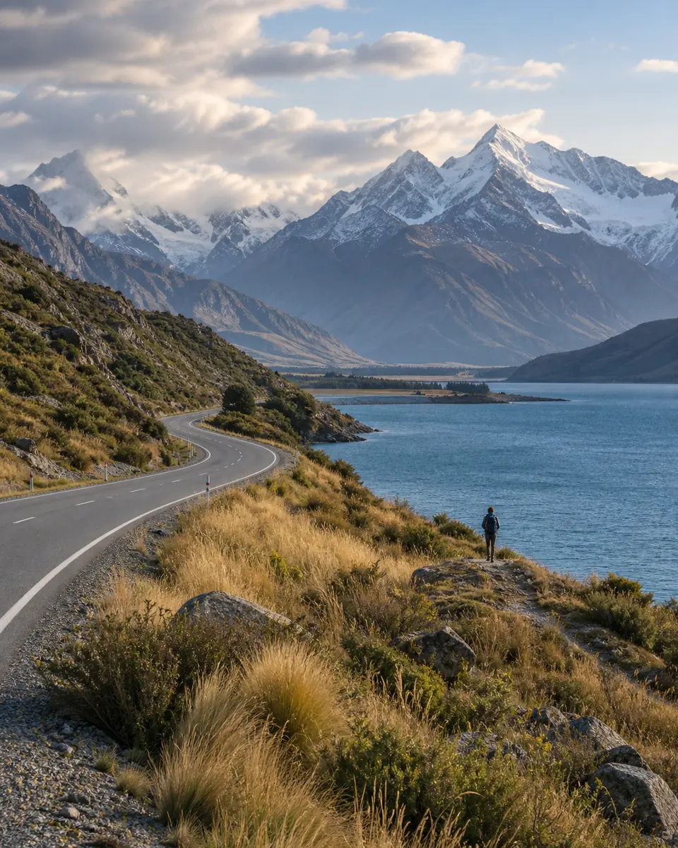 Route de l’île du Sud longeant un lac glaciaire et les montagnes