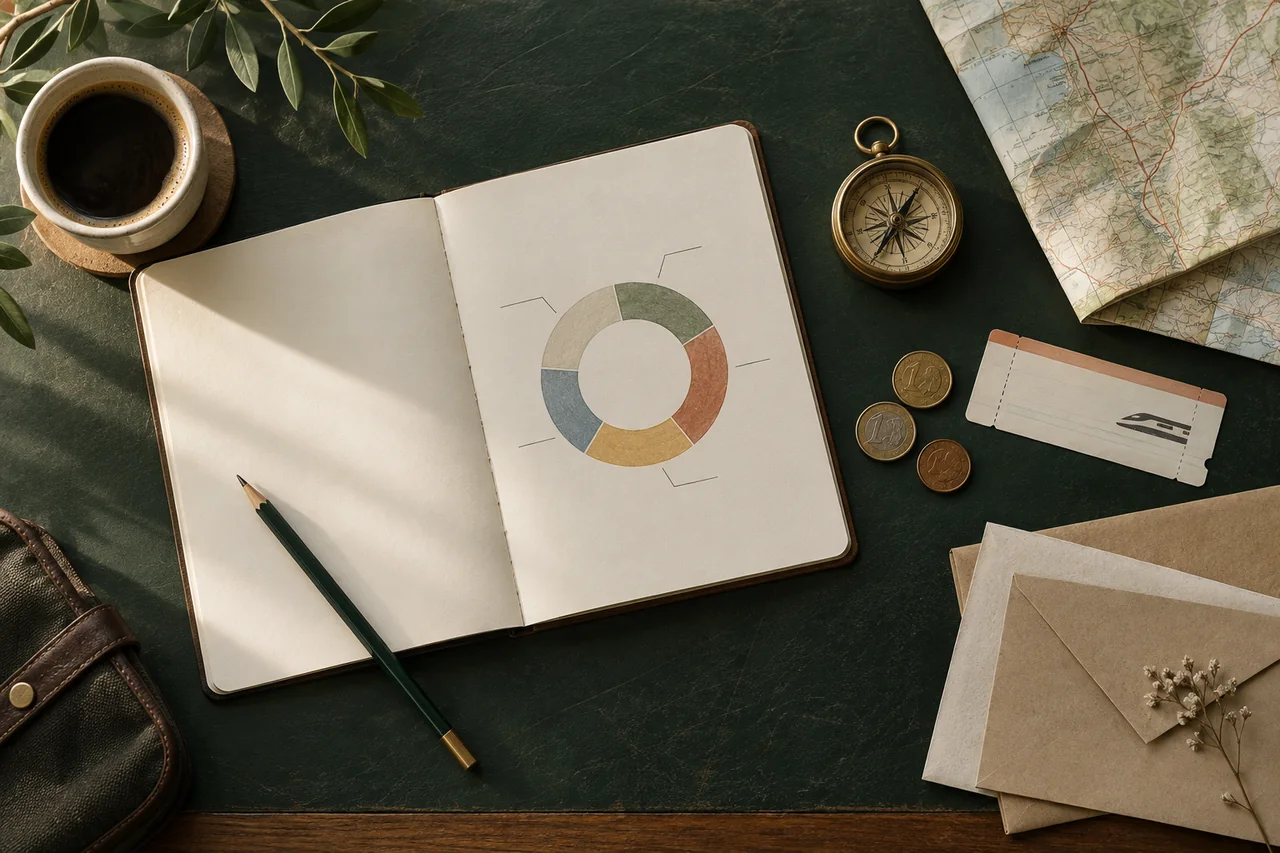 Carnet ouvert avec diagramme de budget, boussole et carte de voyage