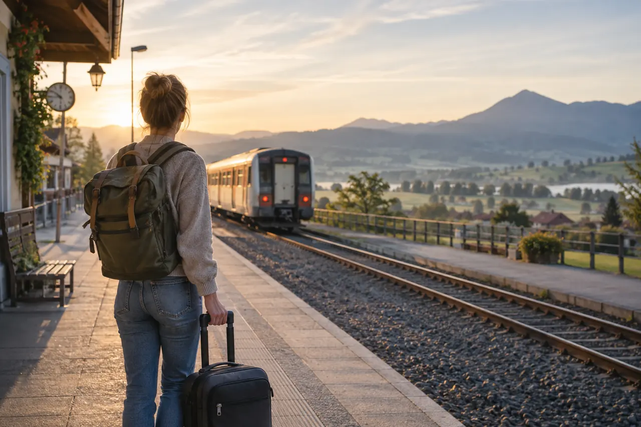 Voyageuse avec une petite valise attendant un train dans une gare de campagne