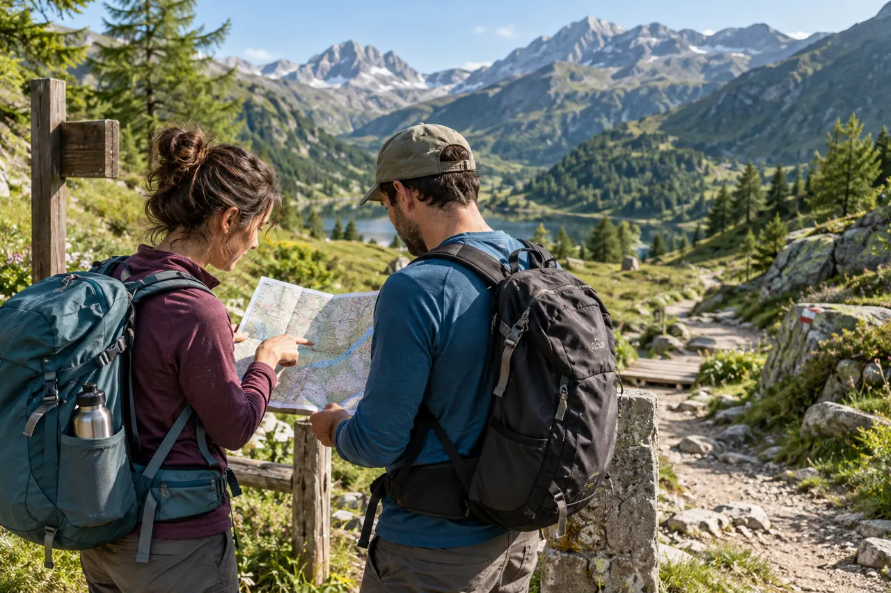 Deux randonneurs consultant une carte avant un sentier de montagne
