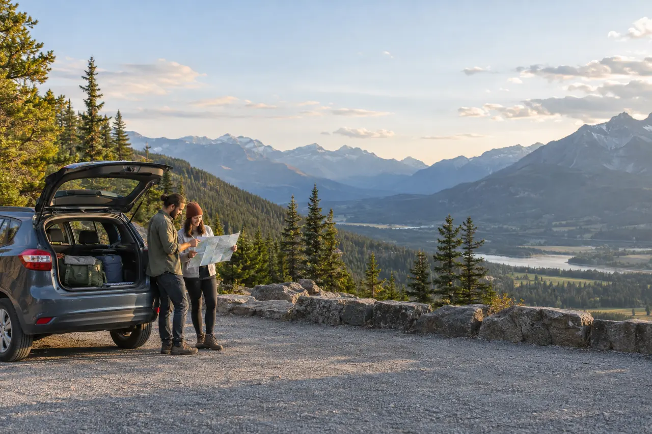 Deux voyageurs consultant une carte près de leur voiture à un point de vue