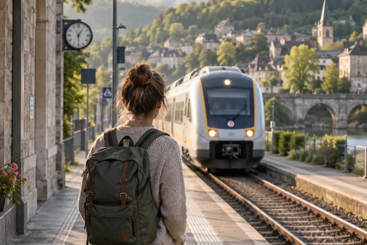 Voyageur avec sac compact sur le quai d’une gare régionale devant un train