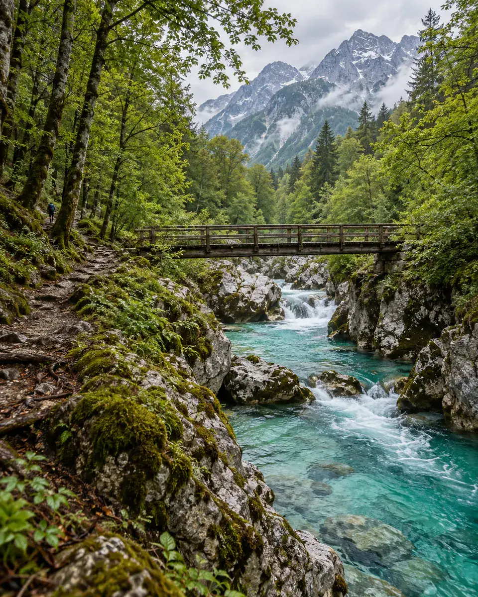 Passerelle et rivière Soča dans les Alpes juliennes en Slovénie