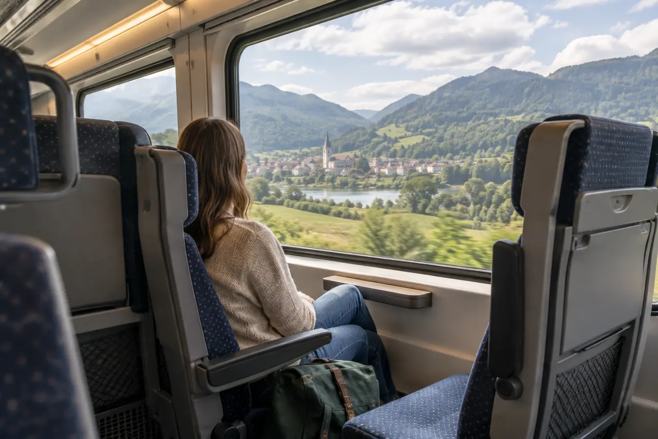 Voyageuse assise dans un train regardant la campagne européenne par la fenêtre
