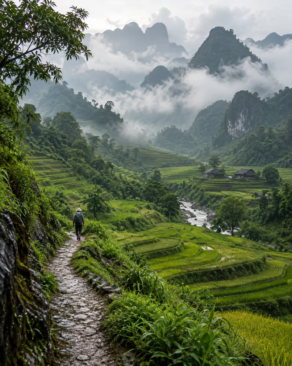 Sentier dans les rizières et montagnes brumeuses du nord du Vietnam