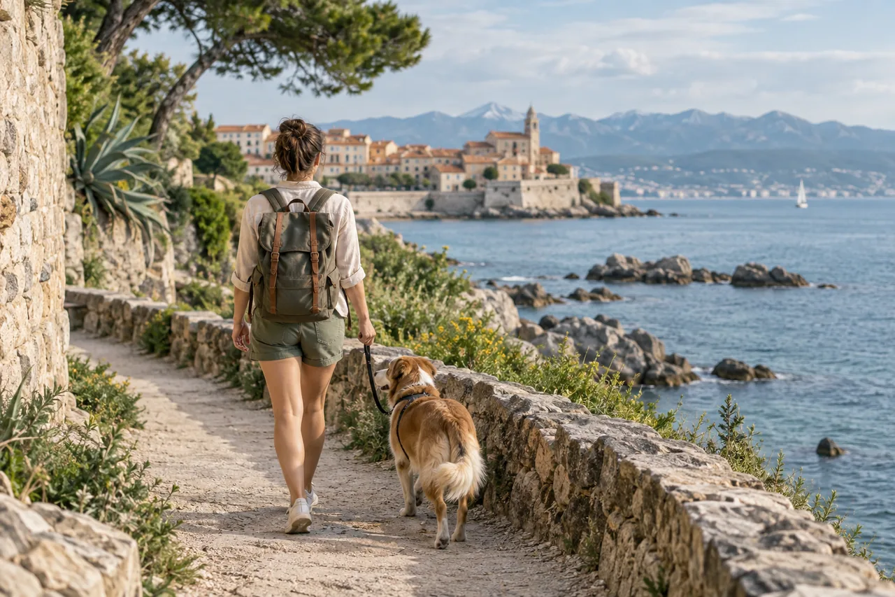 Voyageur et chien en laisse sur un sentier côtier
