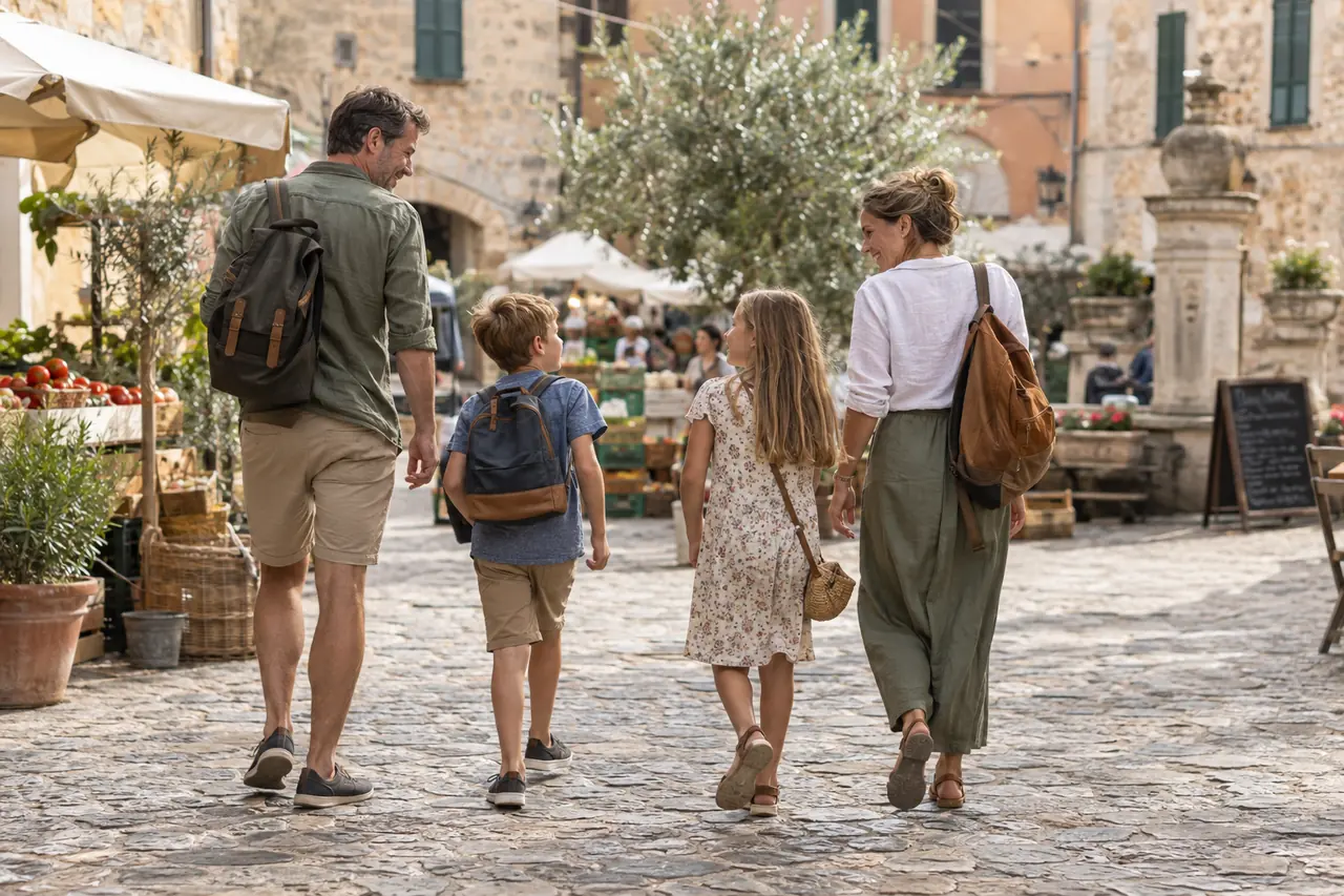 Famille avec deux enfants marchant dans une ville historique piétonne