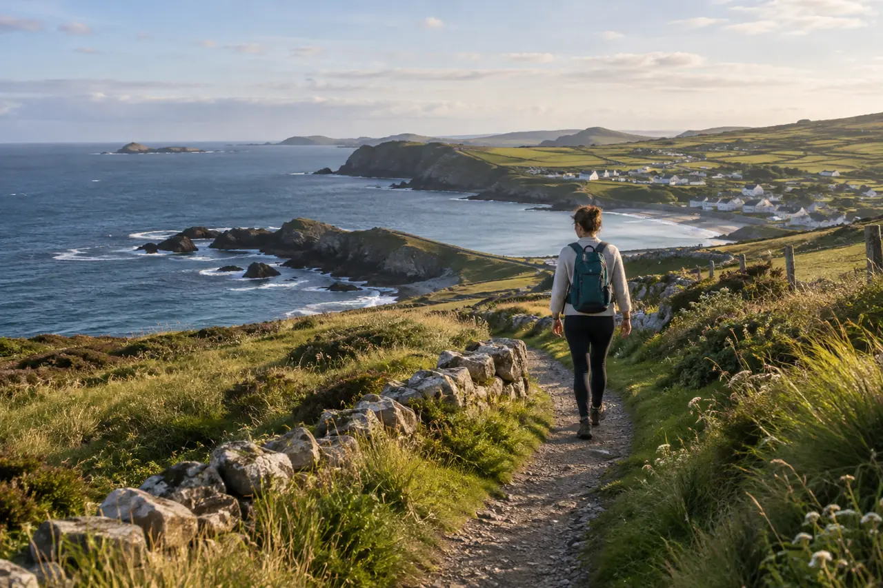 Voyageuse seule marchant sur un sentier côtier face à un village