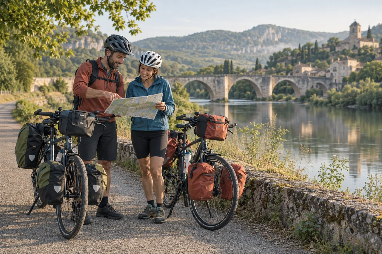 Deux cyclovoyageurs sur une voie au bord d’une rivière