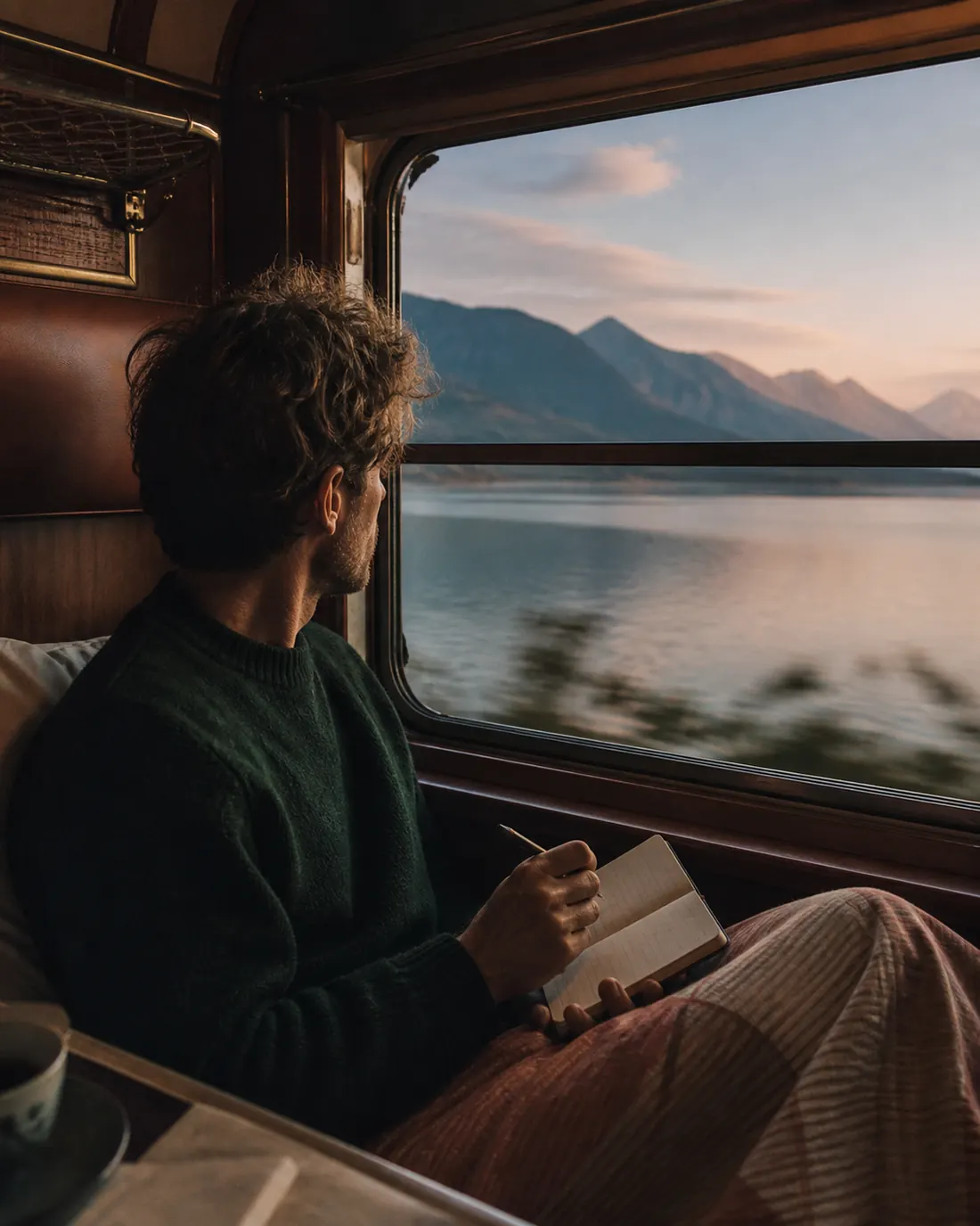 Voyageur imaginant un itinéraire depuis un train au lever du jour