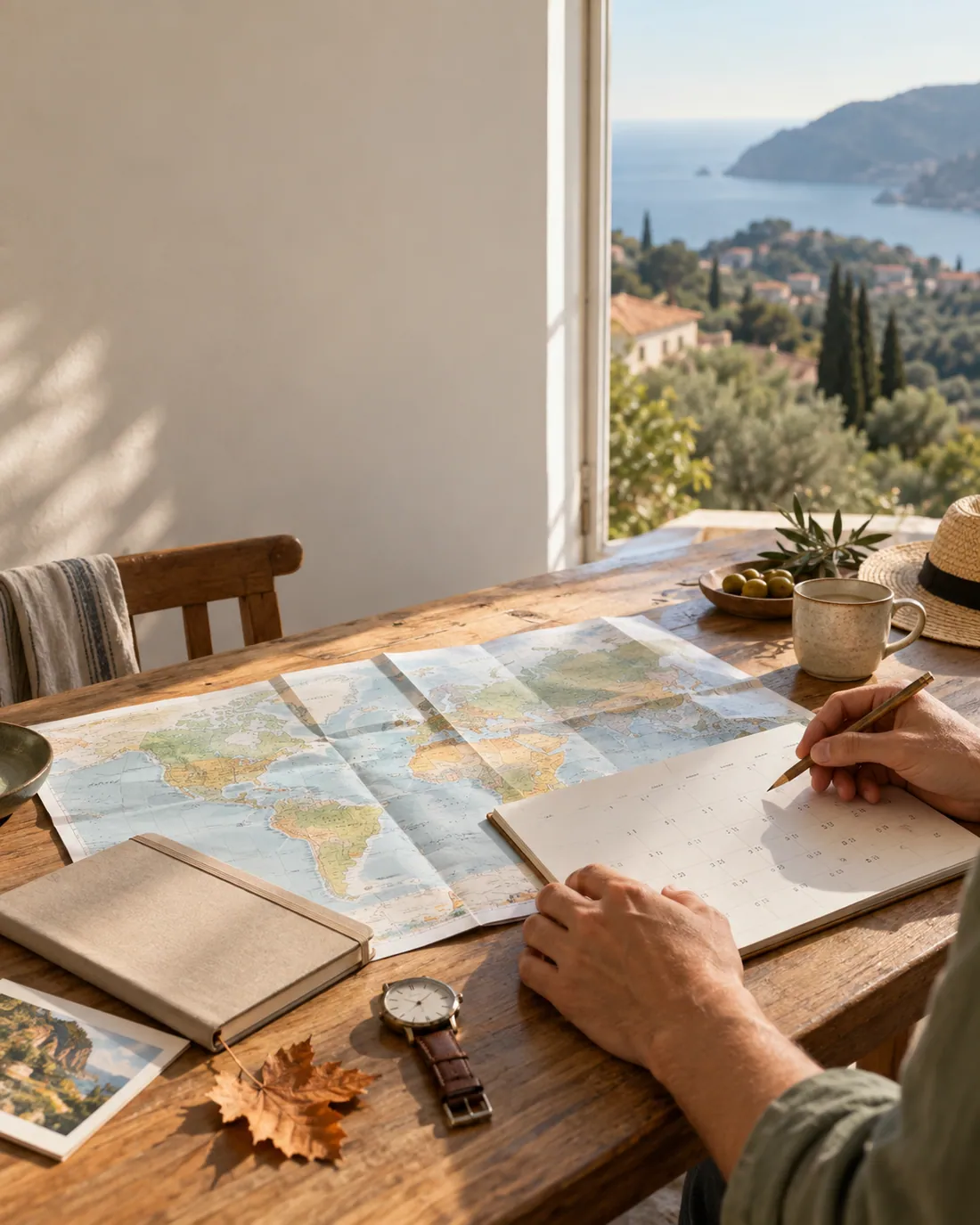 Voyageur comparant un calendrier et une carte du monde sur une table ensoleillée