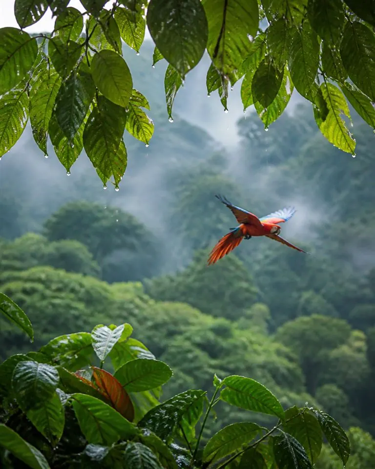 Canopée luxuriante du Costa Rica après une pluie tropicale