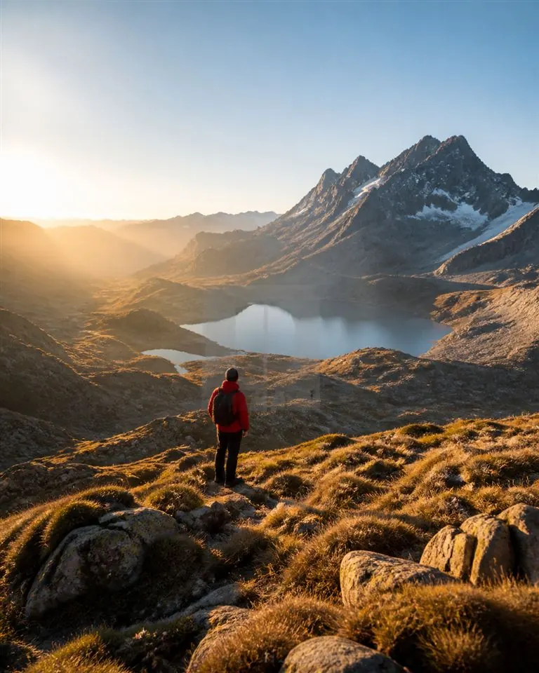 Lac de montagne dans les Andes avec randonneur face aux sommets