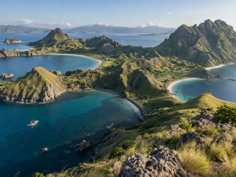 Îles vertes et chenaux turquoise du parc de Komodo en Indonésie