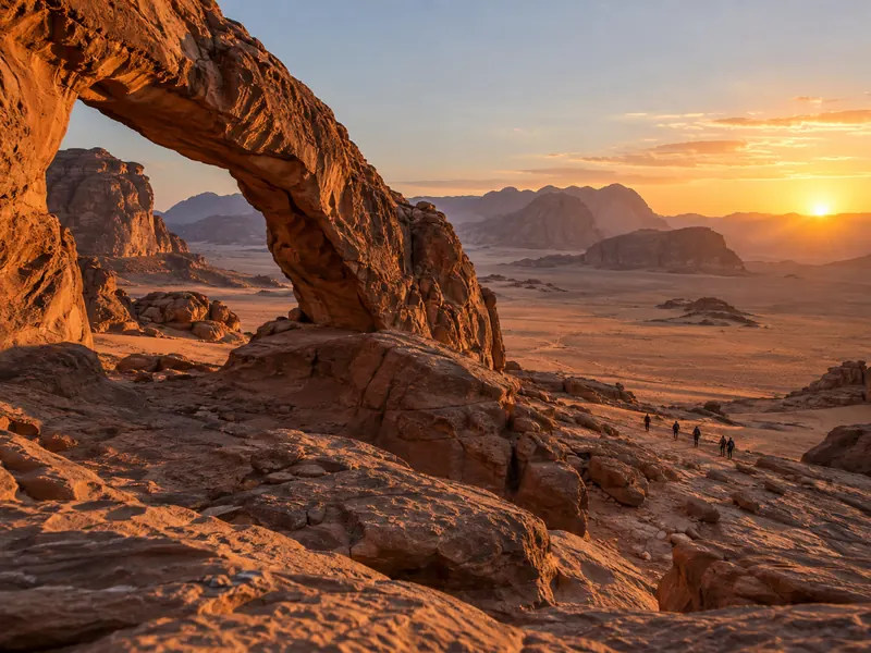 Arche de grès et désert du Wadi Rum en Jordanie