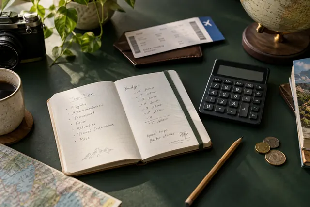 Carnet de budget et calculatrice préparés pour un voyage