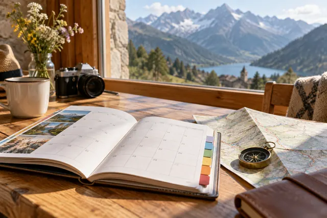 Calendrier et carte de voyage sur une table