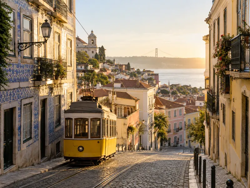 Lisbonne au soleil levant, façades d’azulejos et tramway historique